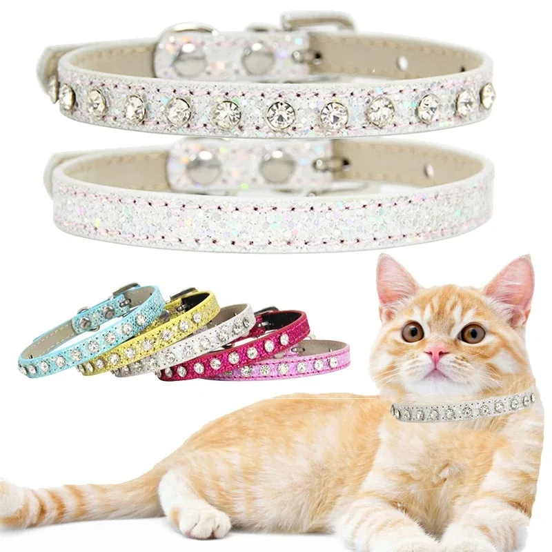 Rhinestones Small Dog Cat Collar Leather PU Adjustable Pet Collar Luxury Decoration Necklace for Kitten Puppy Chihuahua Supplies