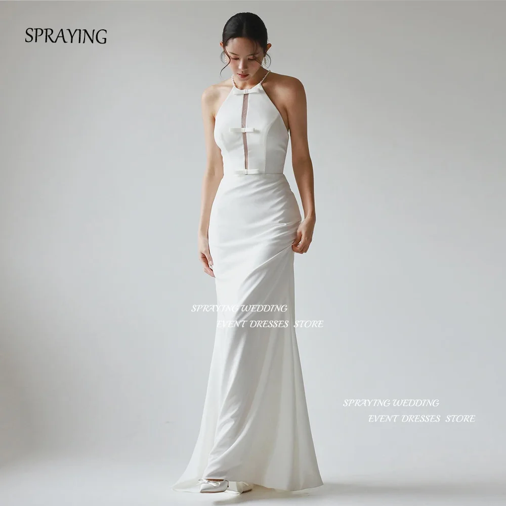 

SPRAYING Halter Backless Korea Wedding Party Dresses Sleeveless Bow Sheath Simple Elegant Bridal Gown 웨딩드레스 Photo Shoot