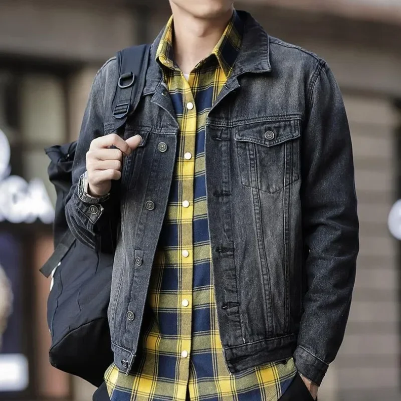 

Black Button Men's Denim Jacket Vintage Korean Popular Clothes Washed Fashion Clothing Designer Original New in Male Jean Coats