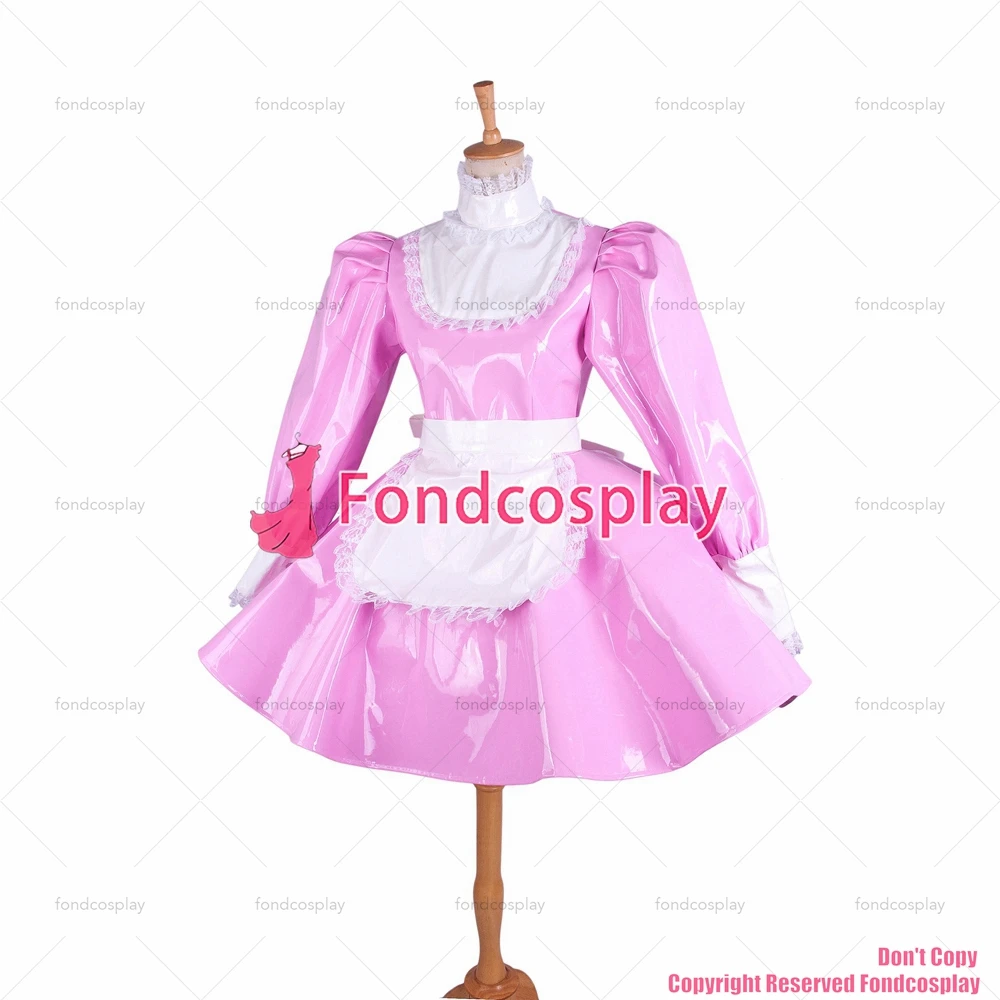 fondcosplay adult sexy cross dressing sissy maid pink heavy PVC lockable dress vinyl Uniform white apron CD/TV[G1545]