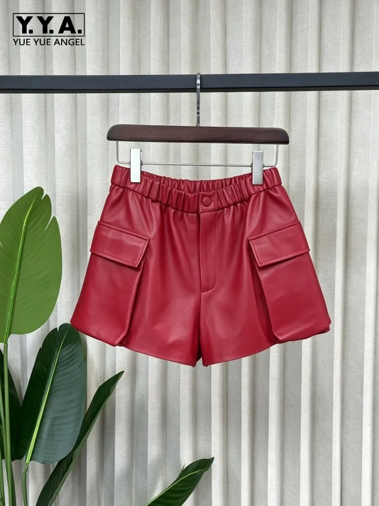 Women Red Sheepskin Above Knee Shorts Elastic Waist Casual Female Genuine Leather Shorts Wide Leg Straight Pocket Short Trousers