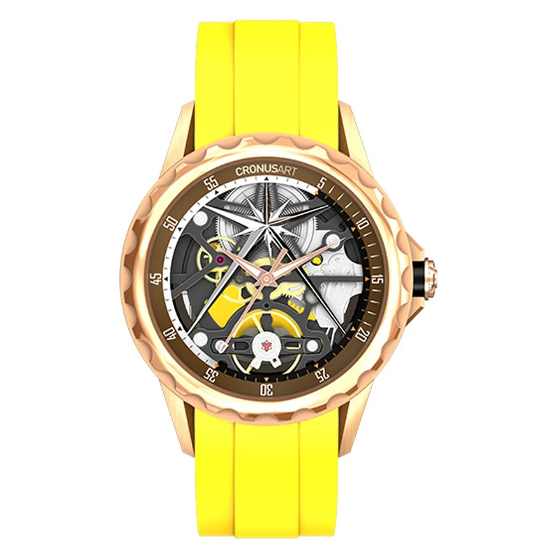 CRONUSART Men Automatic Watch 41mm Luxury Mechanical Wristwatch Luminous Skeleton Dial Fluororubber Strap