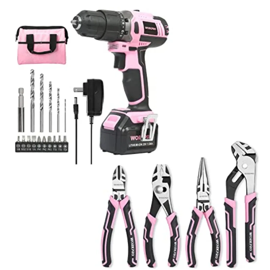 

Розовый беспроводной литий-ионный шуруповерт 20В и набор из 4 плоскогубцев