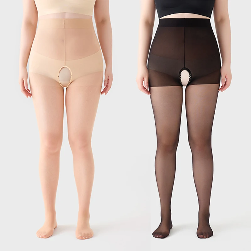 2 Pairs Plus Size Sheer Tights for Women Open Crotch Pantyhose 20D High Waist Pantyhose Stockings Control Top Resistant