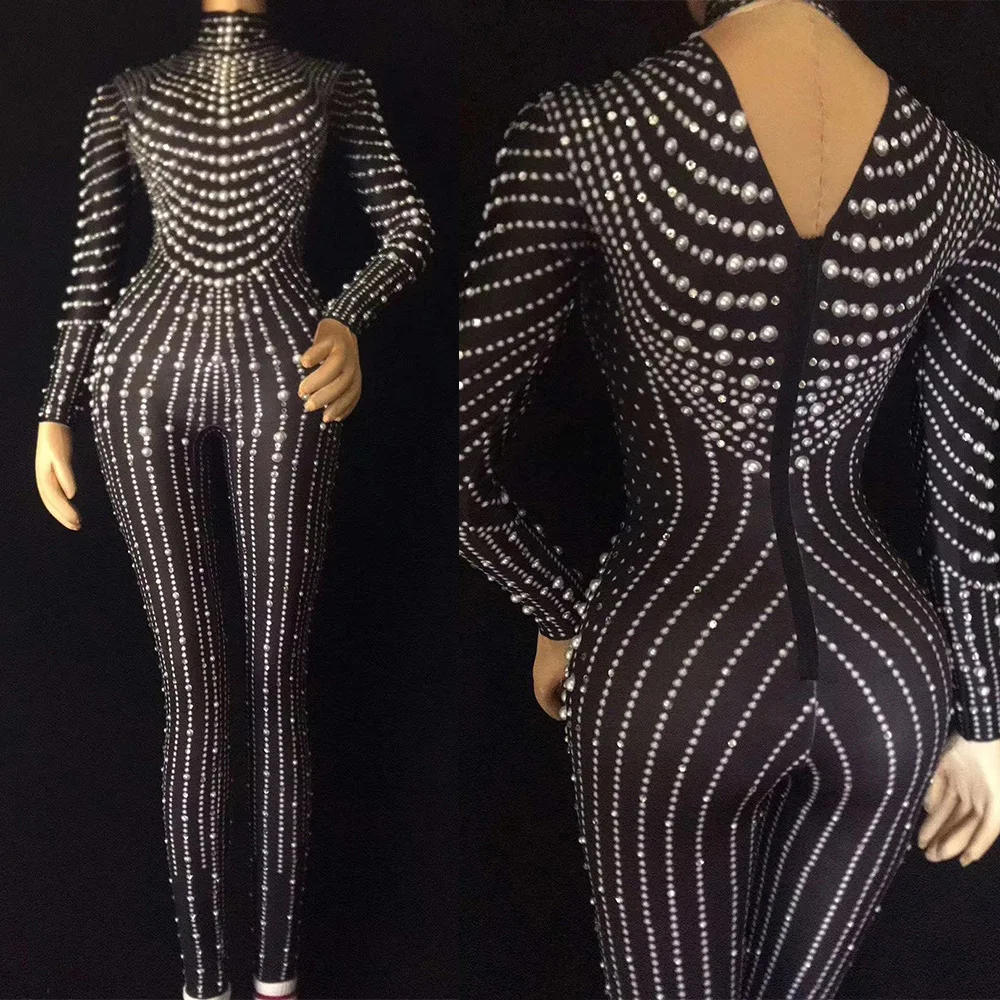 Collant de strass cintilante feminino, macacão preto, body de pérolas brilhantes, traje de performance de 1 peça, clube noturno