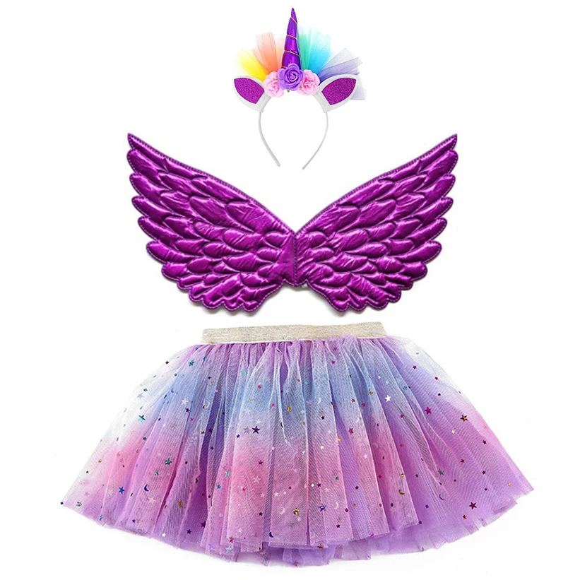 Fashion Girls Rainbow Mini Skirts Fairy Wings Unicorn Headband Glitter Dance Ballet Tutu Dress Up Set for Princess Party Costume