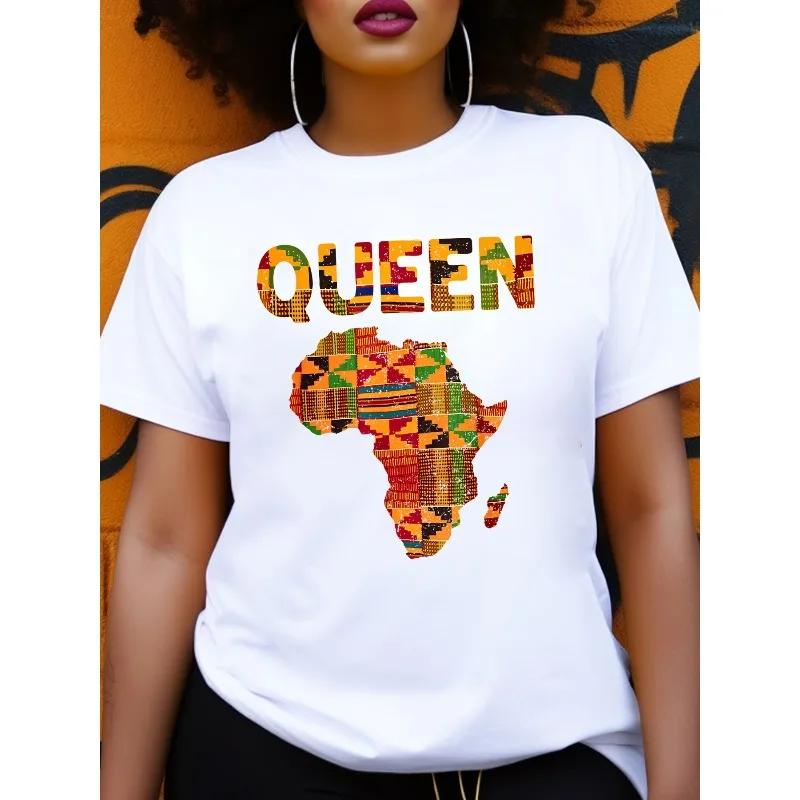African Queen Kente Print T-Shirt Bold QUEEN Lettering Print with Vibrant African Map Design Short-sleeve Crew Neck Casual Top