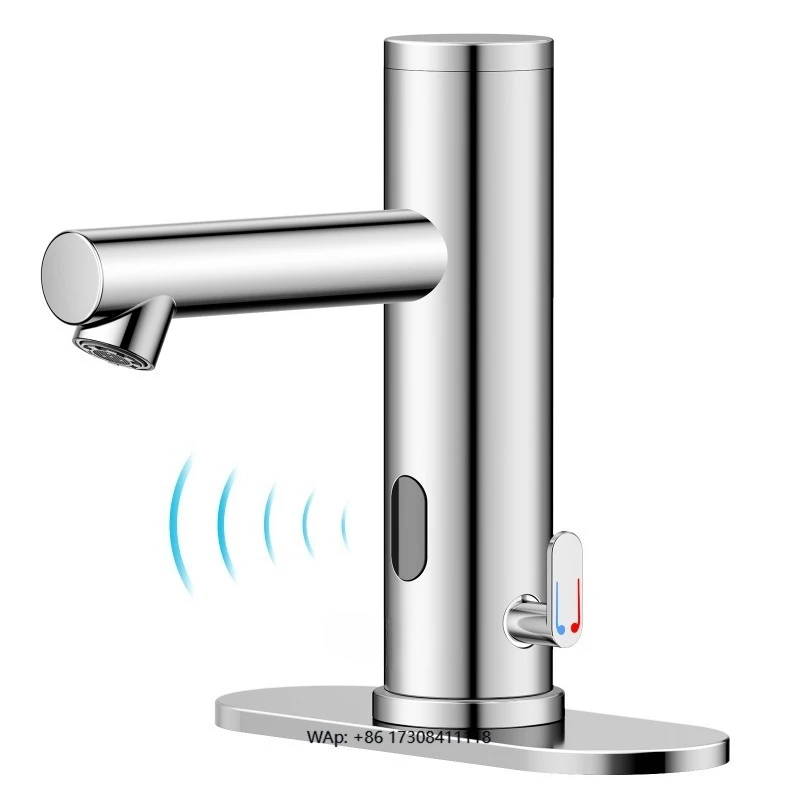 

Touchless bathroom sink faucet with deck plate, hands-free infrared sensor basin faucet with temperature control chrome