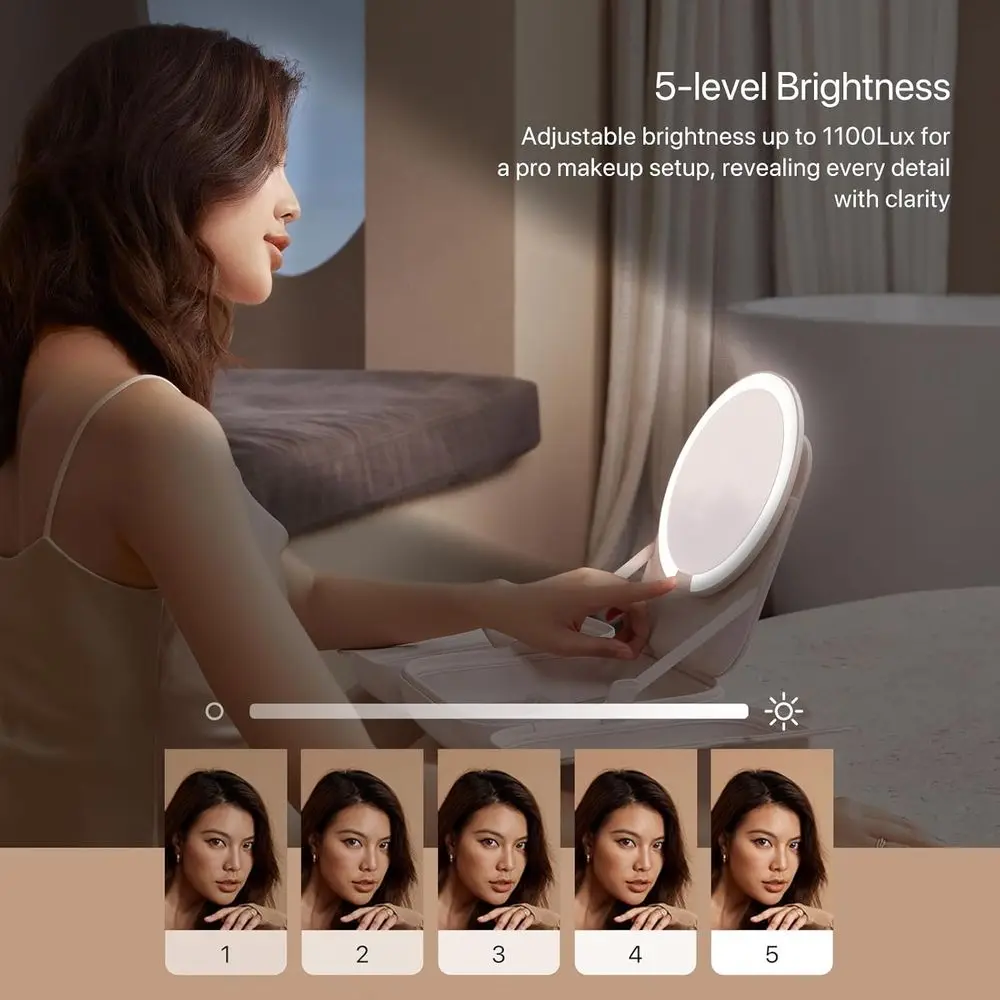 Portable 5-Level Brightness 3-Color LED Mirror Makeup Bag, White, Travel & Artist Organizer