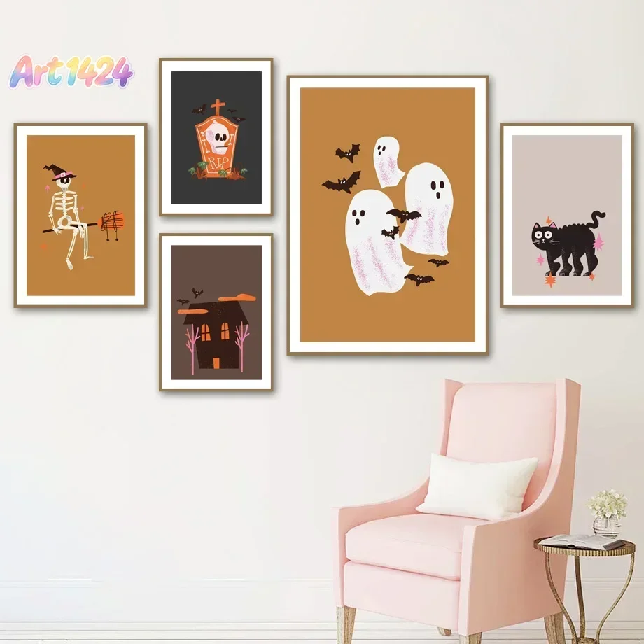 Halloween Gallery Spooky Skeleton Pumpkin Candy Posters Minimalist Print Canvas Painting Wall Art for Living Room Home Decor