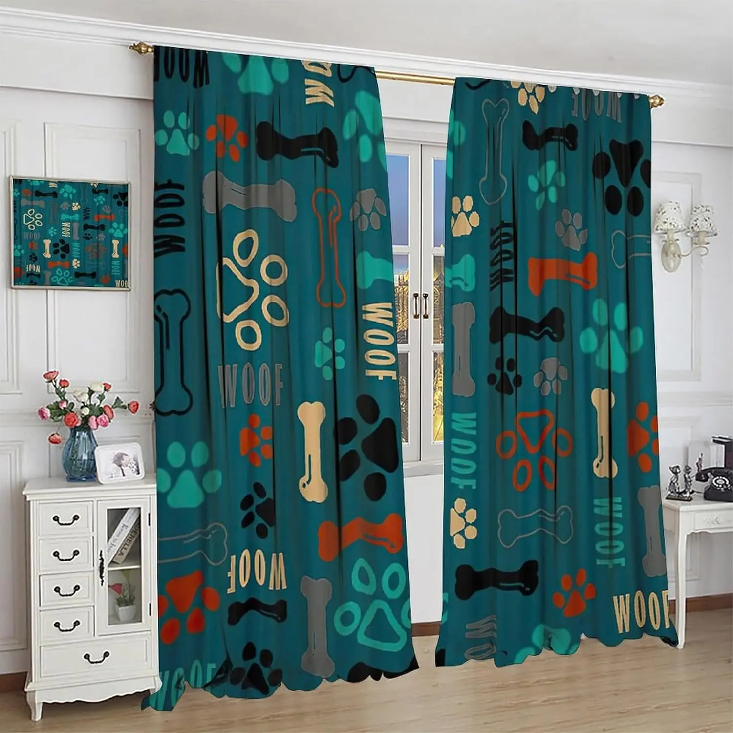 Dog Paw Print Curtains, Blue Cartoon Dog Paw and Bones Window Treatment Thermal Insulated Curtain for Kids Living Room Bedroom