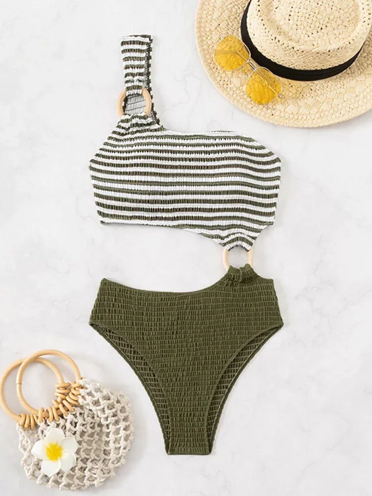 Sexy simple épaule rayé une pièce maillot de bain pour femmes taille haute plage Bikini 2025 nouveau maillot de bain d'été une pièce maillot de bain