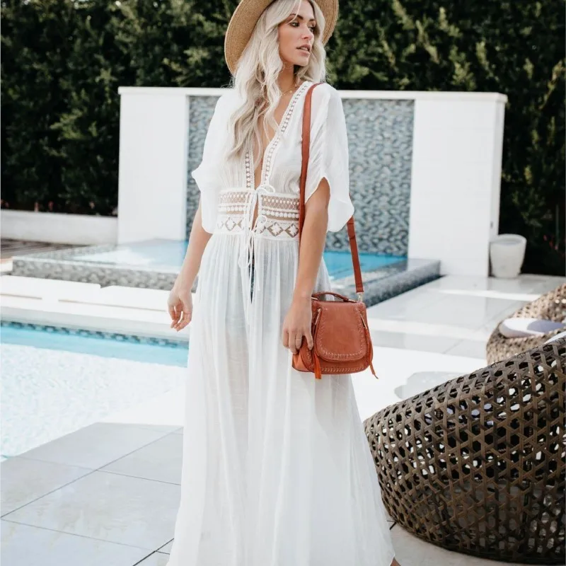 여성 여름 드레스 레이스 보헤미안 비치 수영복 비키니 커버업 레이스업 롱 블라우스 속이 비치는 자외선 차단 가디건 숄