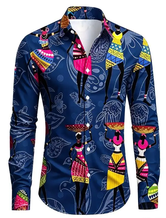 Ethnic Style Men Lapel Collar Shirt Purple Base Colorful African Woman Silhouette Print Polyester Long-Sleeve Blouse