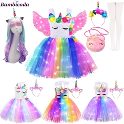 Baby Girls Unicorn Tutu Dress Flashing light Rainbow Princess Birthday Party Dress Children Kids Halloween Perform Costume