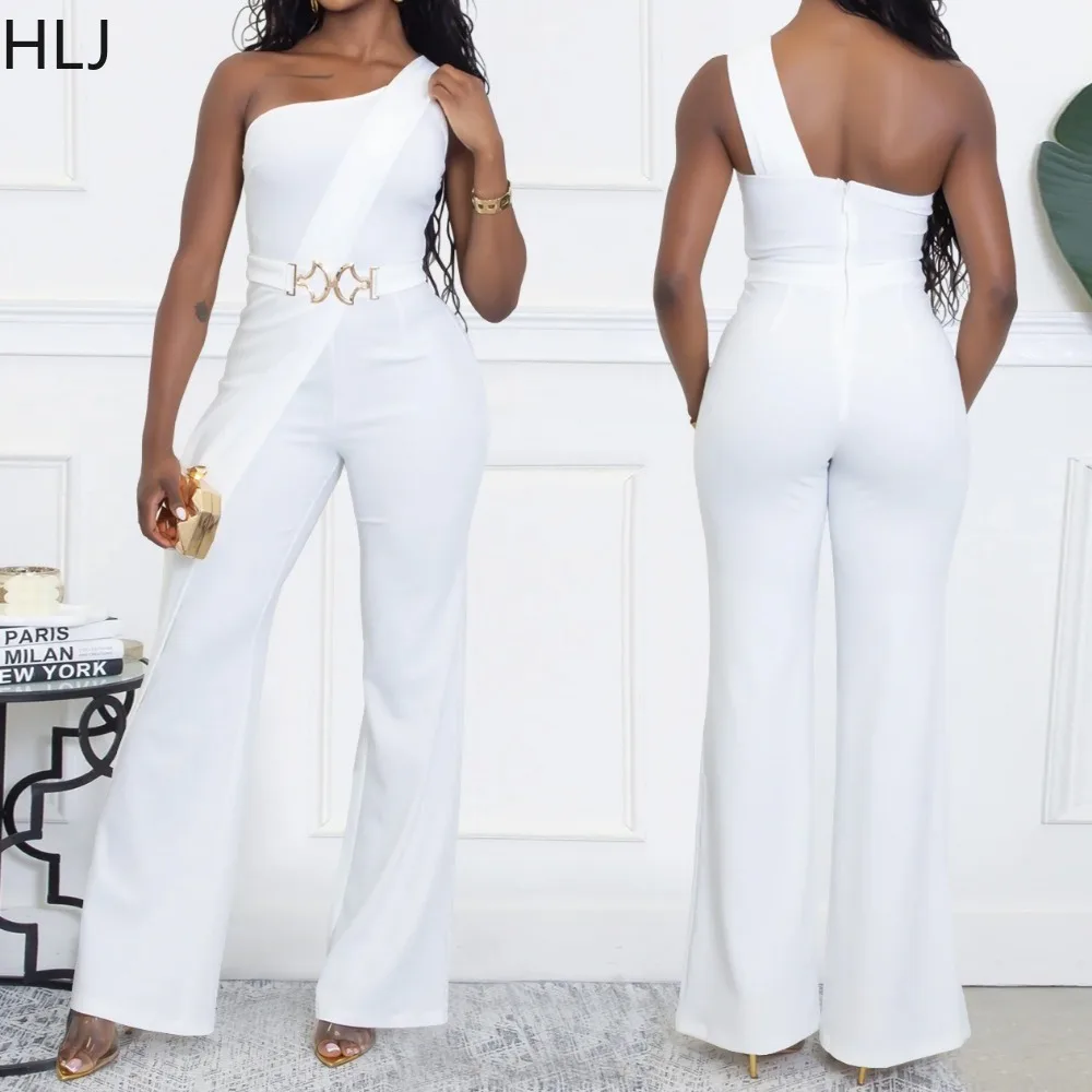 

HLJ Sexy Metal Buckle Patchwork Bodycon Jumpsuits for Woman Solid Color Off Showlder Backless Rompers Female Streetwear Overalls