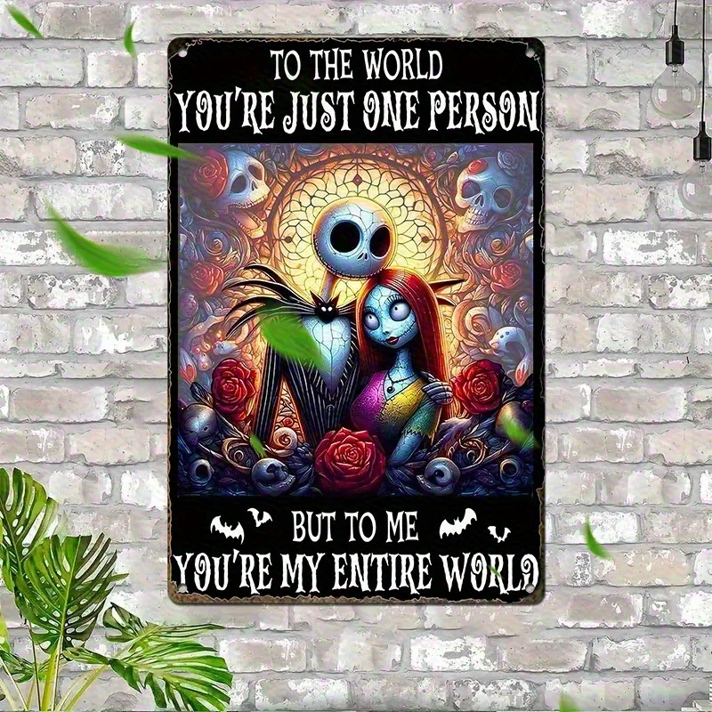 لوحة فنية جدارية معدنية من Disney The Nightmare Before Christmas Jack & Sally - تصميم مسطح عتيق ثنائي الأبعاد مع "You're Just One Pe