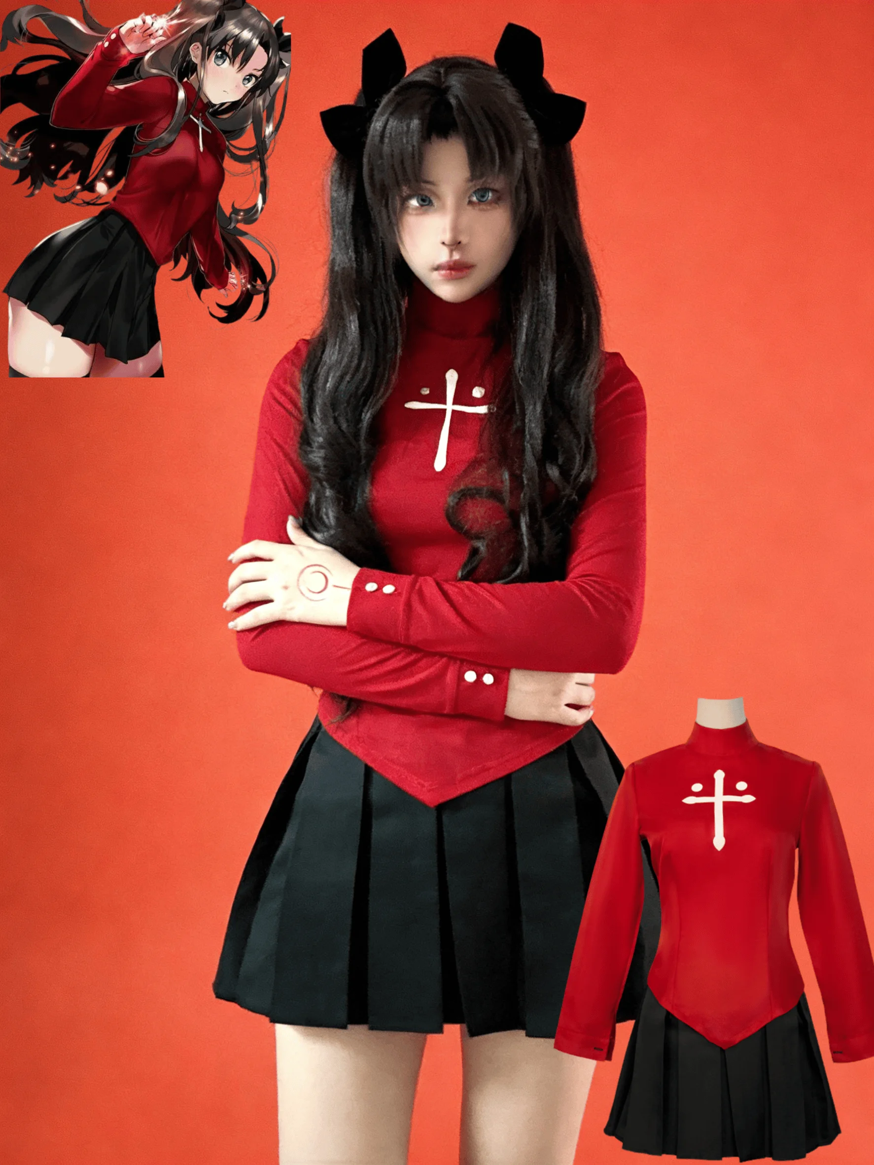 

Anime Tohsaka Rin Cosplay Costume Red Shirt Skirt Women Halloween Christmas Dress Wig Cos Convention Role Play Full Set