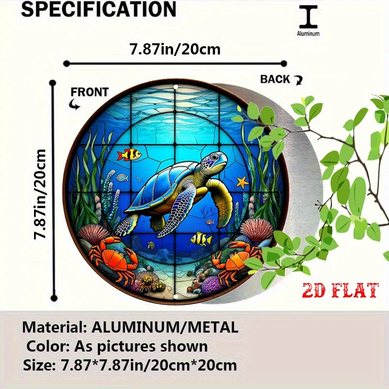 2D Flat - 1pc of 2D Flat Sea Turtle Aluminum Tin Sign, Round Aluminum Sign Featuring a Coral Reef, Measuring 7.8 Inches in Diame