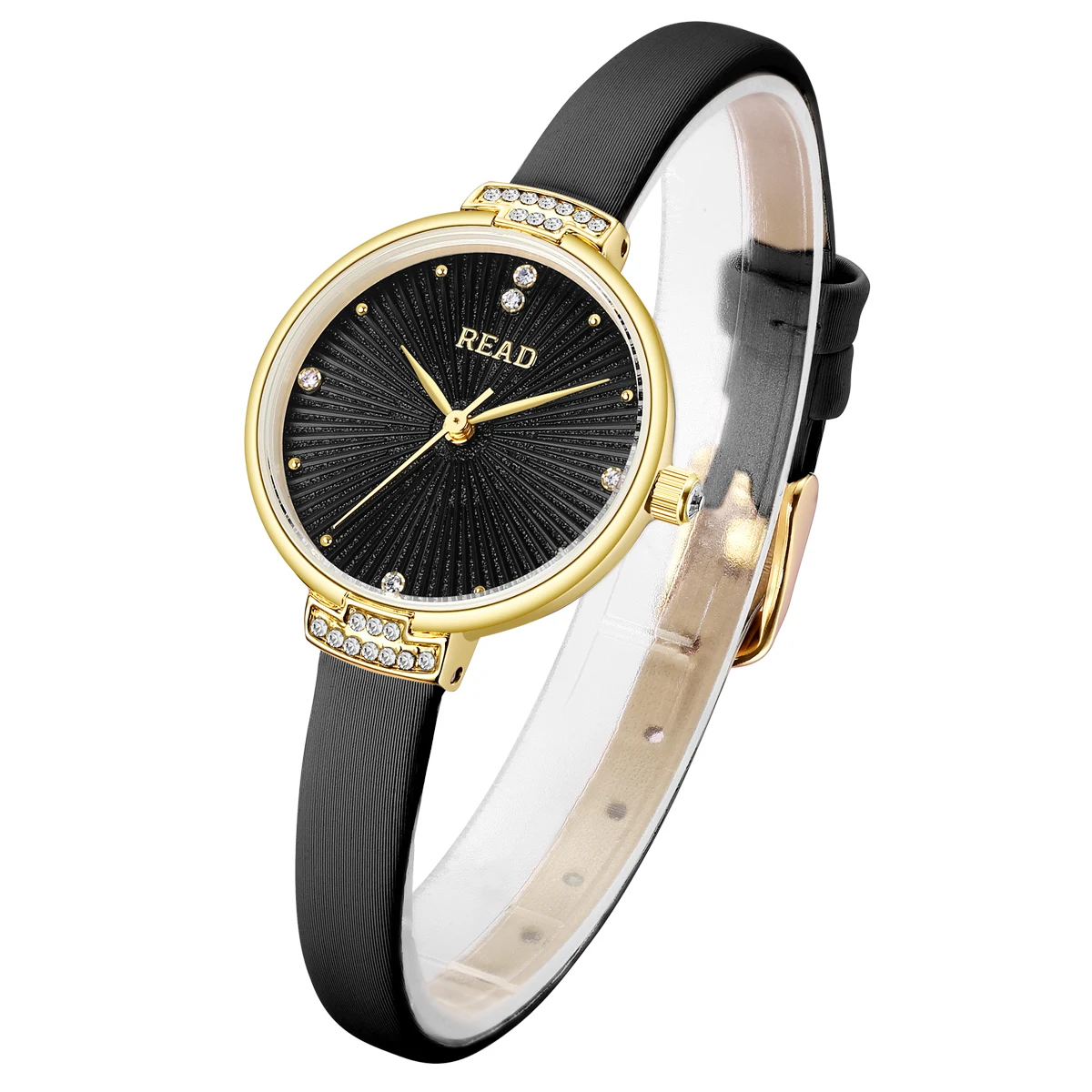 READ Women Quartz Watch | Black Sunburst Zircon Dial | Black Leather Strap | 30M Water Resistant Pin Buckle Watch