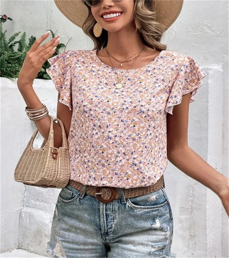 Cross-border European and n style commuting loose casual lotus leaf sleeve round-necked floral t-shirt for ladies