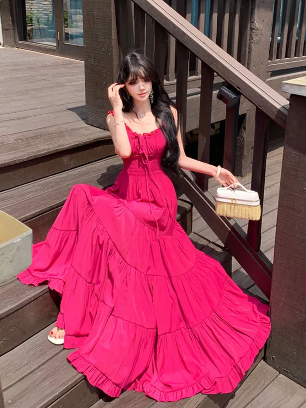 

Unique Beautiful Magenta Beach Vacation Style Women's Wrap Dress High Waist Long Summer Gown Polyester Fiber