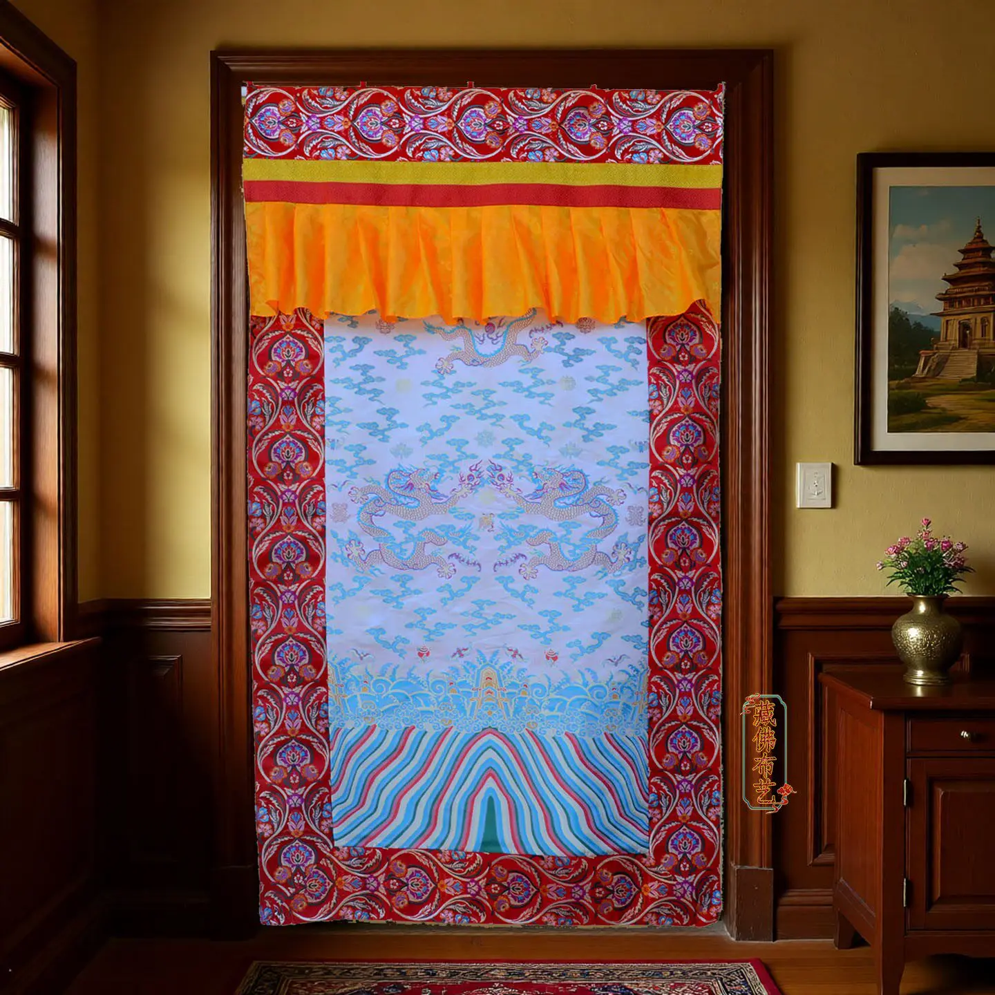 Five Color Dragon Pattern Door Curtain Blue White Red Green Yellow Buddhist Shrine Divider Hanging, Prayer Space Decoration