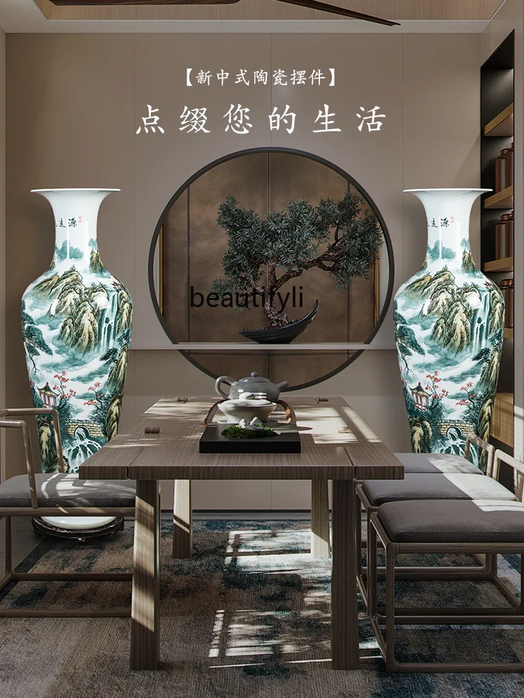 Jingdezhen Porcelain Hand Painted Floor Vase Neo Chinese Style Ornaments Living Room Entrance Porcelain Bottle