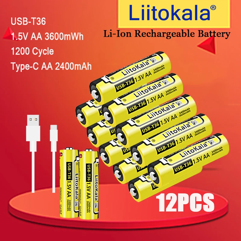 12pcs LiitoKala USB-18-T35 3.7V 18650 3500mAh Rechargeable Battery TYPE-C Charging Port Supports Reverse Charging