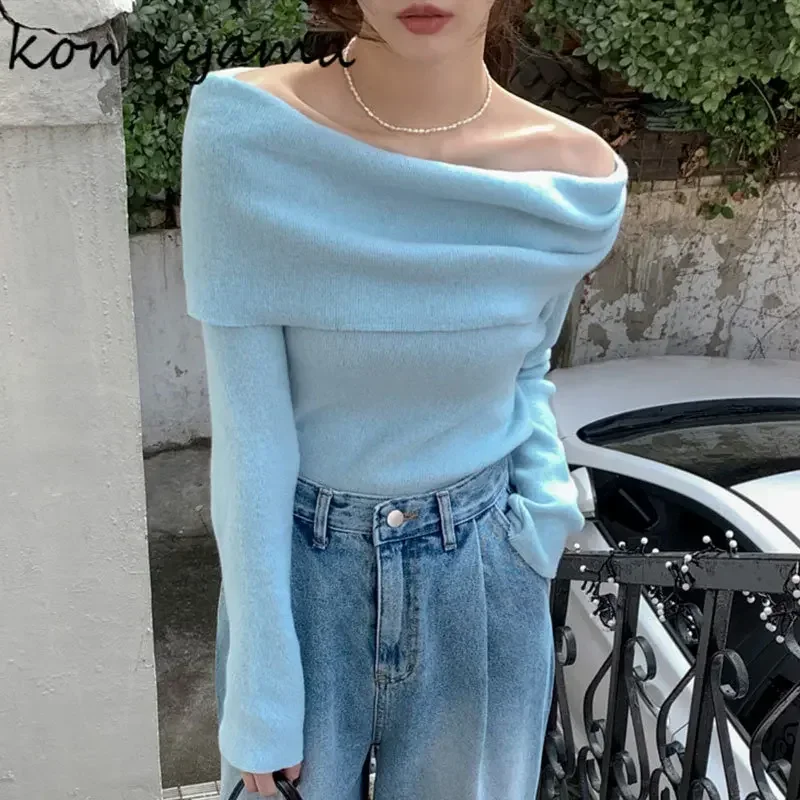 Komiyama Feminino Off Shoulder Slash Neck Sweater Women Long Sleeve Knitwears Spring AutumnY2k Clothes Elegant Pullover Tops