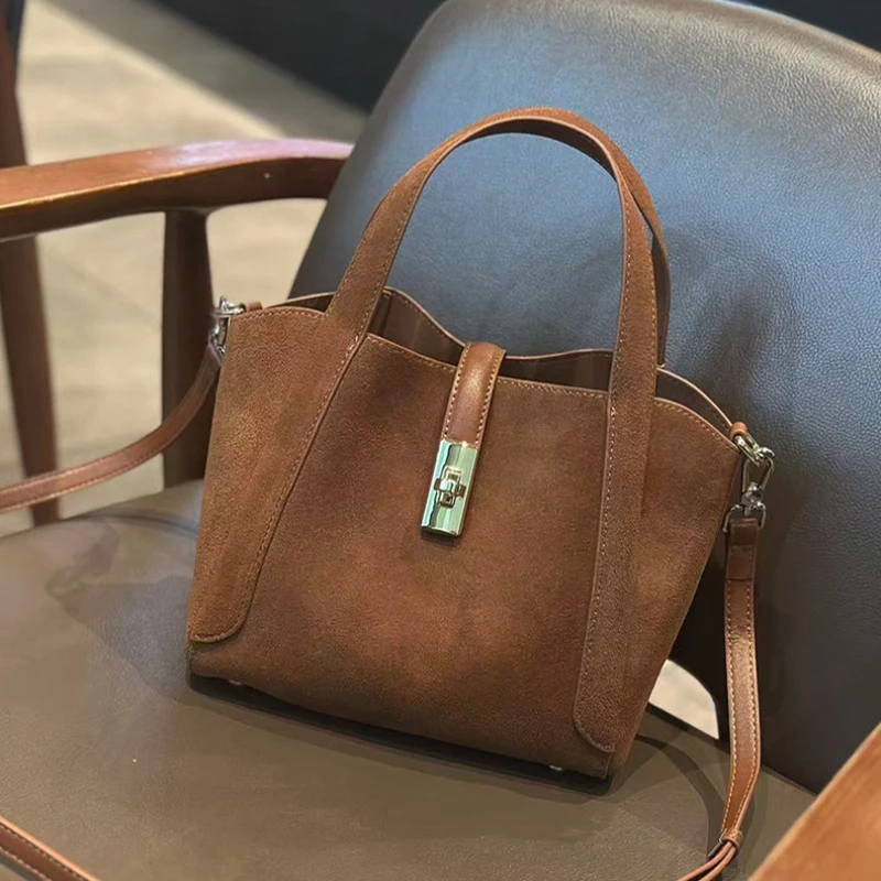 

Brand Suede Basket Bag Drawstring Lock Buckle Handbag Crossbody Shoulder Bag For Women Capacity Design, Chic Commuter Purse