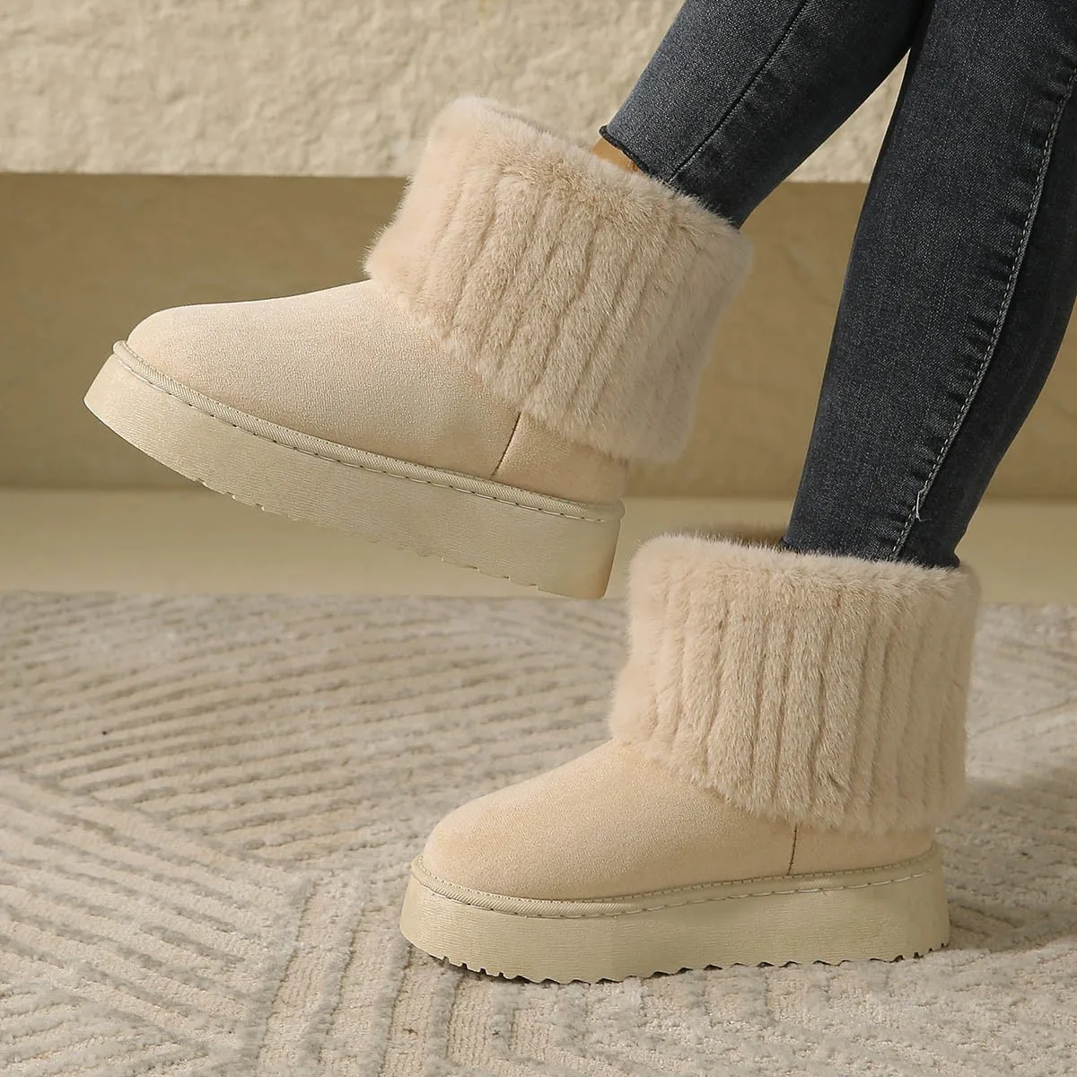 Shoes for Women Winter Slip on Women's Boots Black Round Toe Solid Flock Plush Warm Mid Heel Water Proof Casual Snow Boots Women - view 2