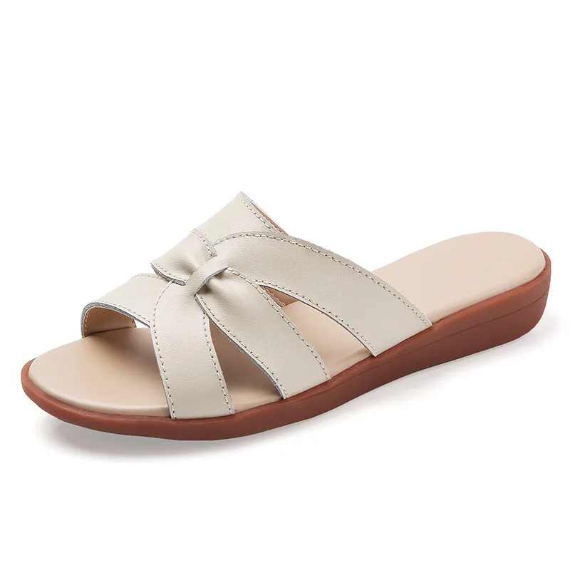 Sandálias femininas de couro da moda verão praia com alças cruzadas conforto casual dedo aberto apartamentos