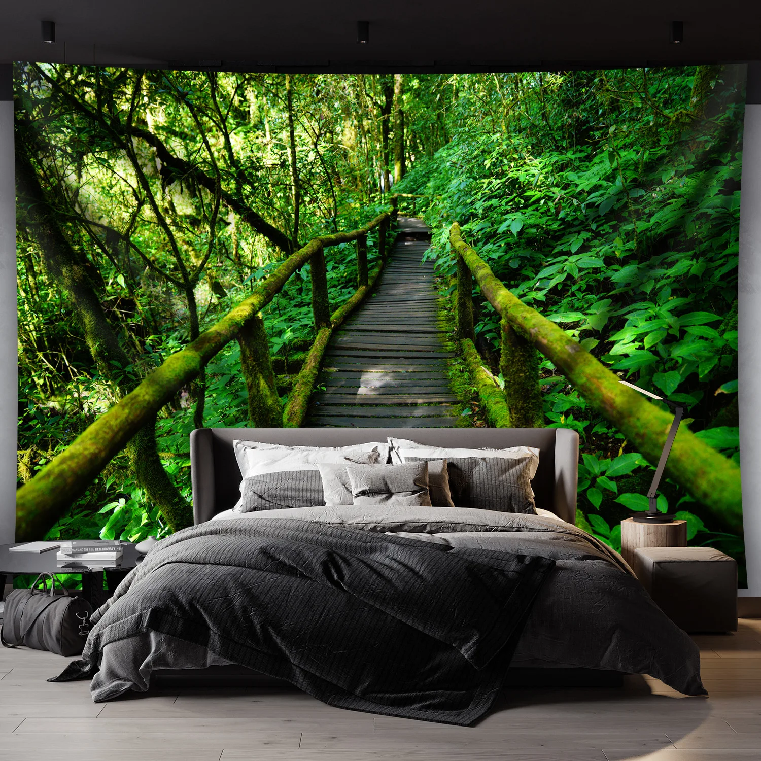Rainforest Bridge Wood Path Wall Tapestry Nature Green Jungle Background Bedroom Decor 2D Flat Print