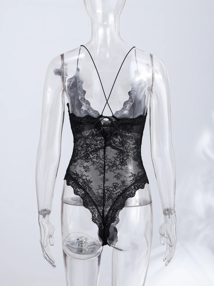 Sexy Women's Black Lace Bodysuit Slim Haler Lace-up Backless Sleeveless Party Evening Rompers 2026 Summer Lady Short Jumpsuit