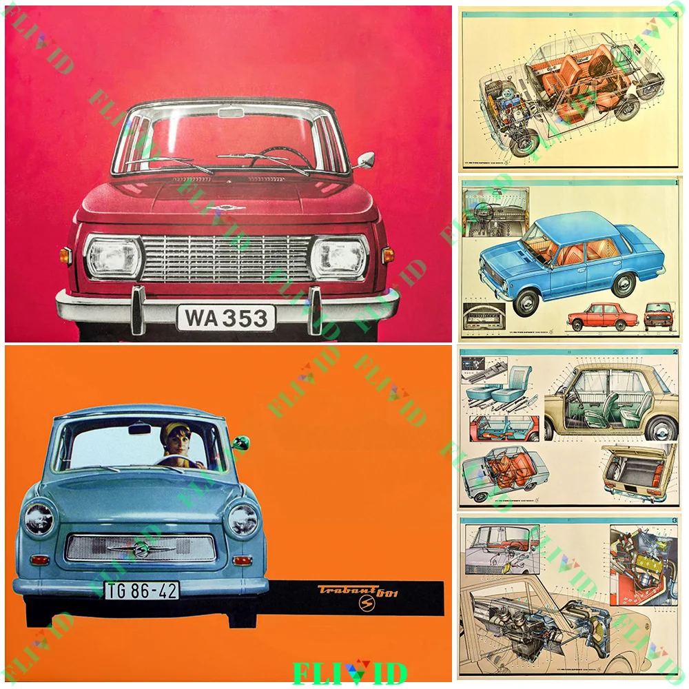 Vintage Classic Car Motorcycle Advertisement Cross Section Old timer Automobilia Wall Art Canvas Painting Unframed