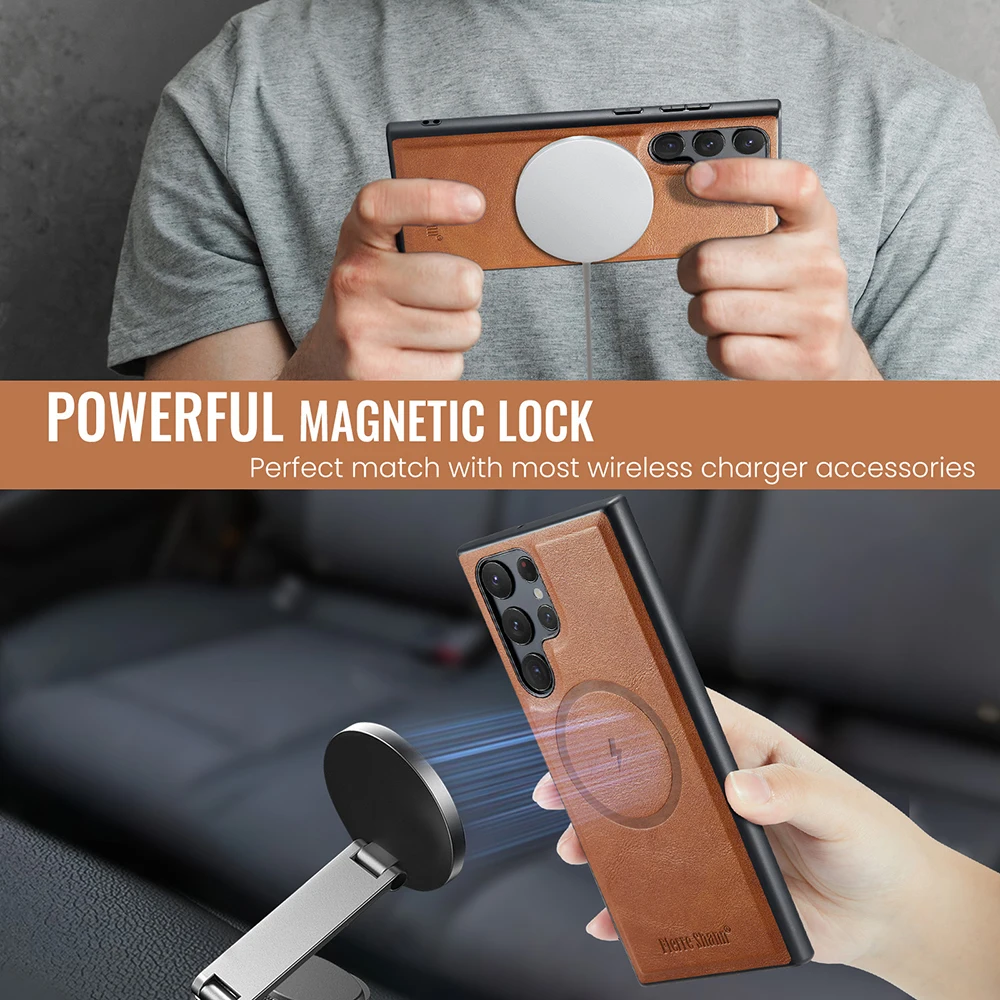 Leather for Magsafe Phone Case for Samsung Galaxy S24 S25 S26 Ultra S22 Plus S23 FE Bracket Magnetic Cover with Card Holder L025