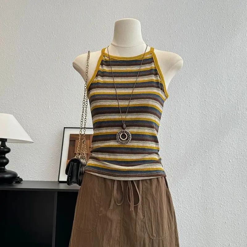 Slim Fit Stripe Splice Color Block Tank Top Women's Summer New Style Sleeveless Small Shirt Upper Body T-Shirt Minimalist Sty...