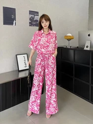 2024 New Spring Summer Women Sweet Florl Long Pants Suits Loose Short Shirt And High Waist Wide Leg Long Pants Two Piece Set