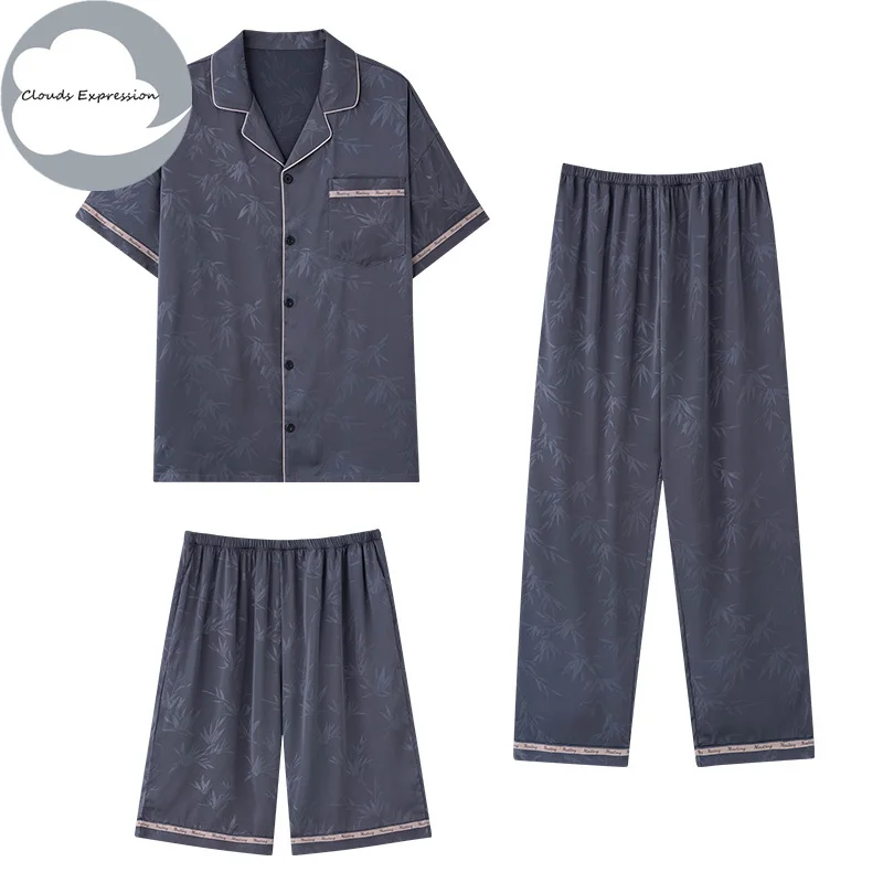 

Summer 3Pcs Cool Loungewear PJ Pyjamas Silk-like Men's Pajama Sets Satin Pajamas Male Sleepwear Pjs Nightwear Homewear Fashion