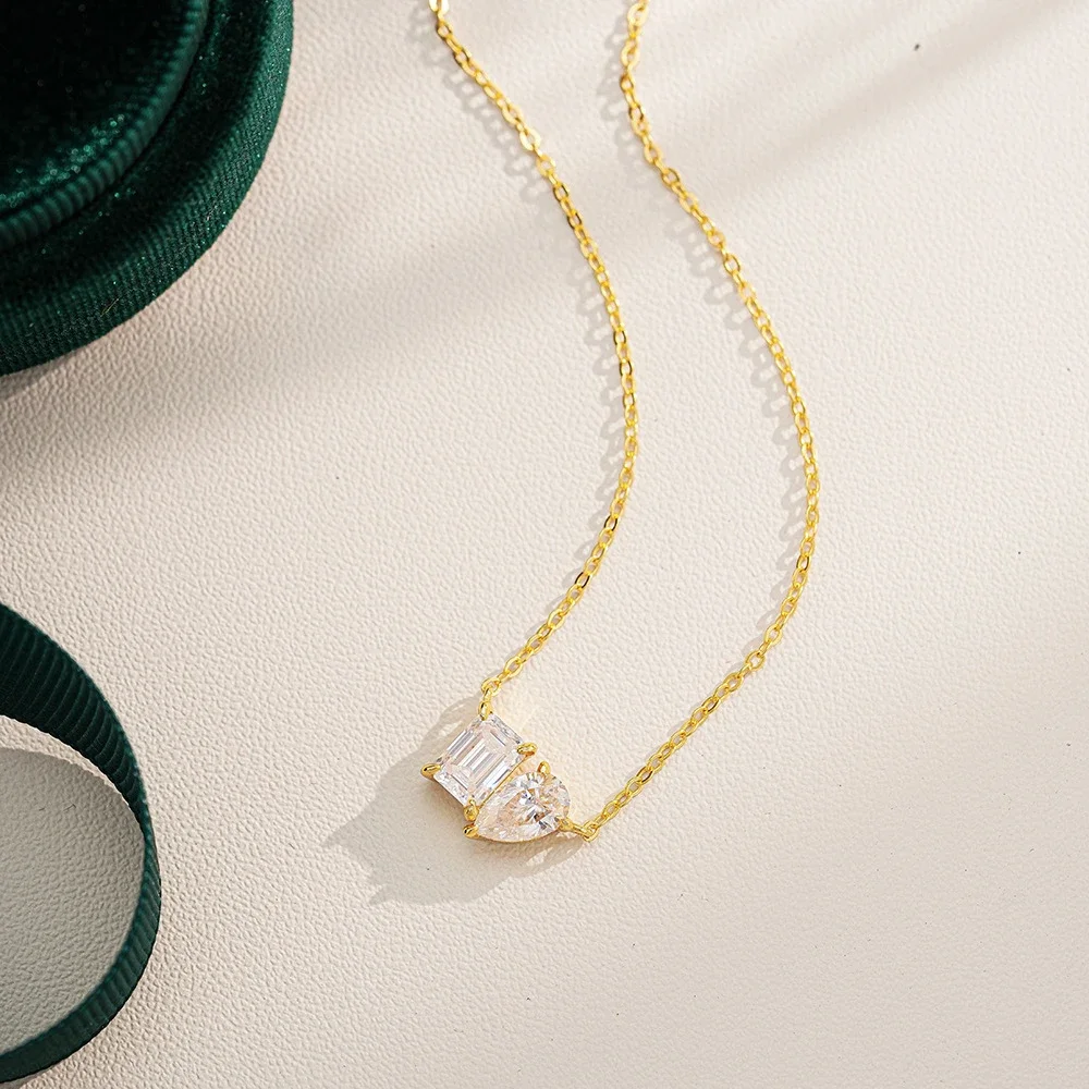 2‑CTTW Total‑Weight Toi‑Et‑Moi 2‑Stone‑Design Moissanite Pendant Necklace for Women, Pear‑&‑Emerald‑Cut 925 Sterling‑Silver 18K‑Gold‑Plated Fine Jewelry, Ideal Gift for Her