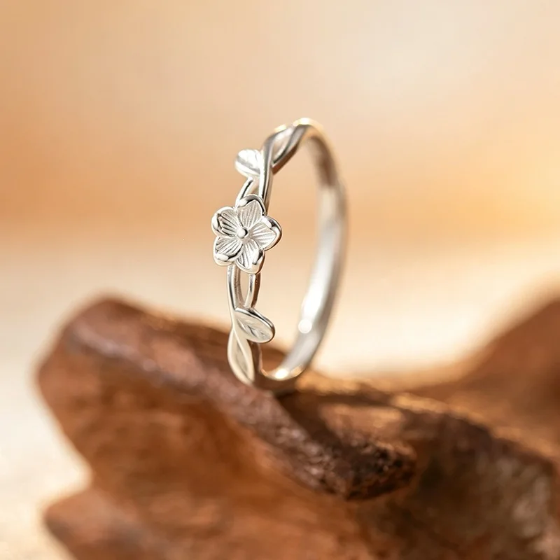 Five-Petal Flower Wreathed Artistic Forest Style Elegant Liatris Flower 925 Sterling Silver Opening Rings 02896