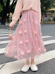 Sweet Lolita Style Princess gonna donna elegante Chic ricamo floreale Tulle a-line fata gonne lunghe gonna Midi Casual femminile