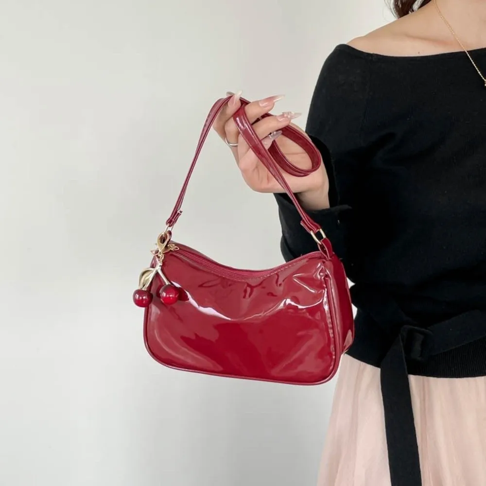 Fashion Solid Color Women Shoulder Bag PU Leather Korean Style Crossbody Bag With Cherry Pendant Handbag Underarm Purse Shopping