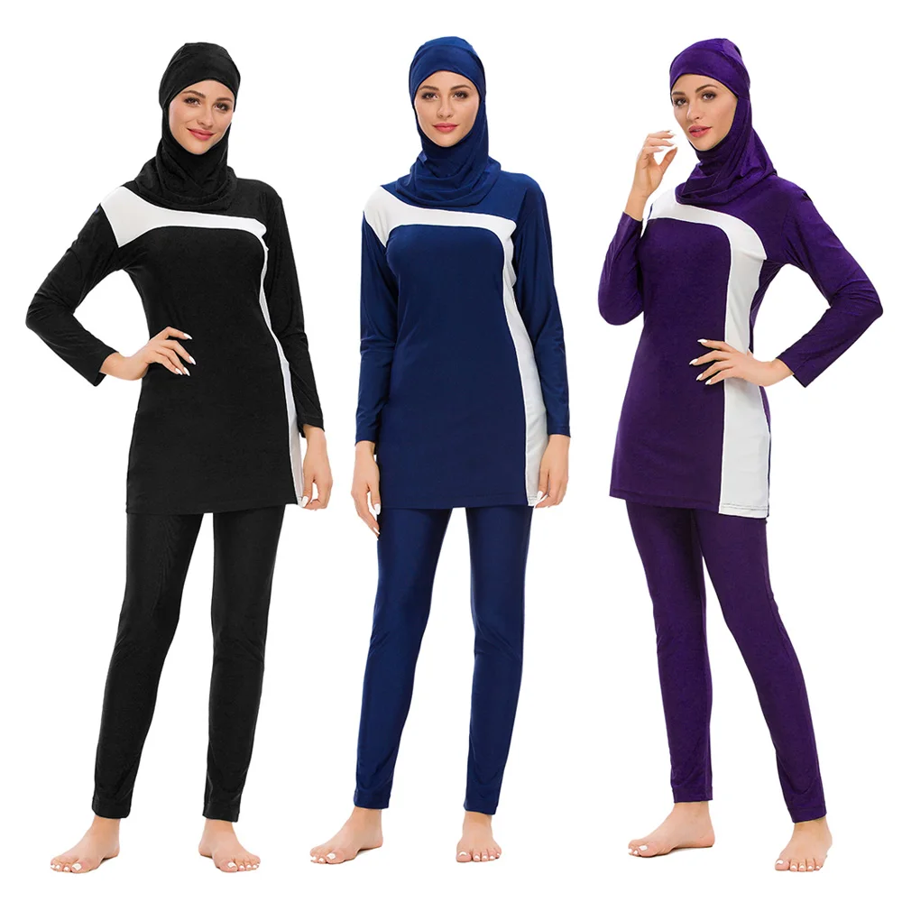 Muslim Burkini Swimsuit for Women, All-sized Swimwear, Monochrome Patchwork, 3PCs, High Quality, Plus Size, S-3XL