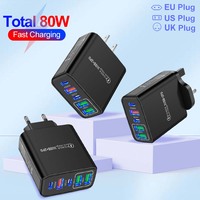 Total 80W USB C Charger Fast Charging Type C 3 PD + 2 USB QC3.0 Mobile Phone Adapter For iPhone Xiaomi Samsung EU/US/UK Plug