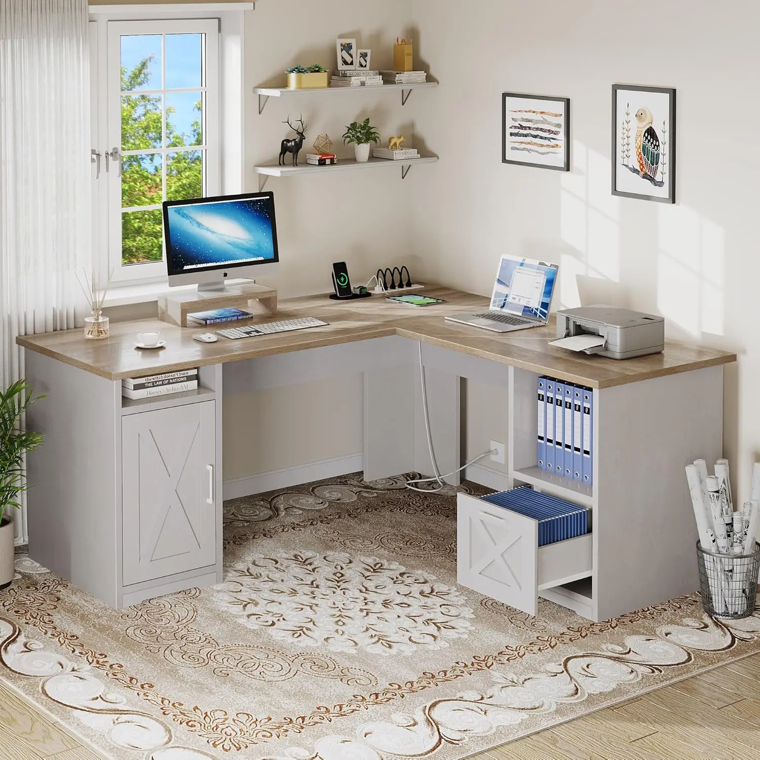 L Shaped with Power Outlets, 60 Inch Computer Corner with File Drawer, Home Office with Monitor Stand & Stor