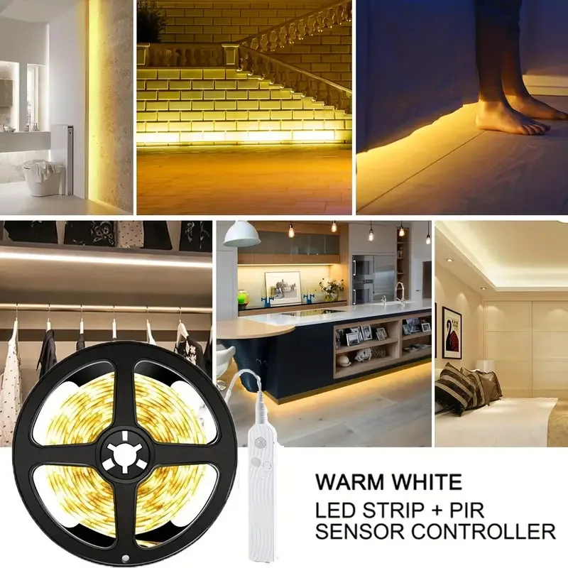 5V 2835 Sensore di movimento a LED Striscia luminosa Armadietto impermeabile Luce notturna 1M/2M Luce a nastro per interni Camera da letto Guardaroba Illuminazione scale