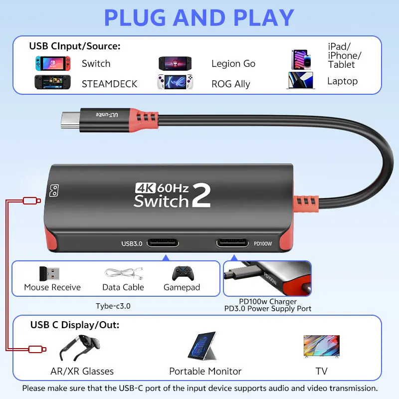 ニンテンドースイッチ2/OLED用4K 60Hz USB-Cハブ、2K120Hz Type-Cスイッチアダプター、10Gbps 100Wドッキングステーション（Steam Deck、ノートパソコン対応）