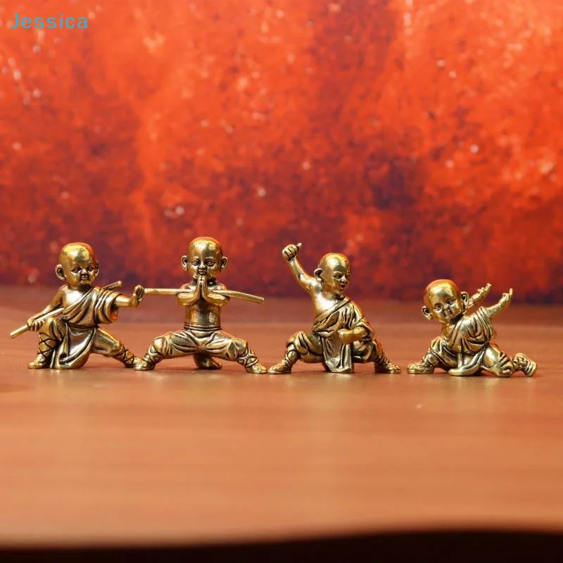 〔S〕Vintage Brass Kung Fu Shaolin Little Monk Mini Figurines, Chinese Traditional Desktop Decor Statues